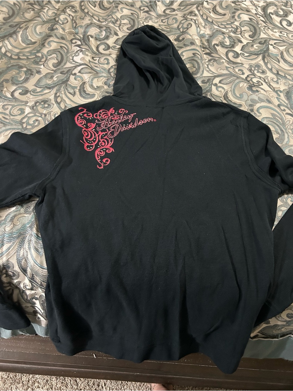 Harley-Davidson Black Hoodie with Pink Embroidered Back Scroll